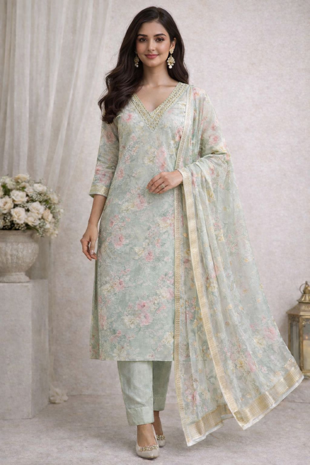 PASTEL GREEN KURTA SET WITH EMBROIDERY ON NECK